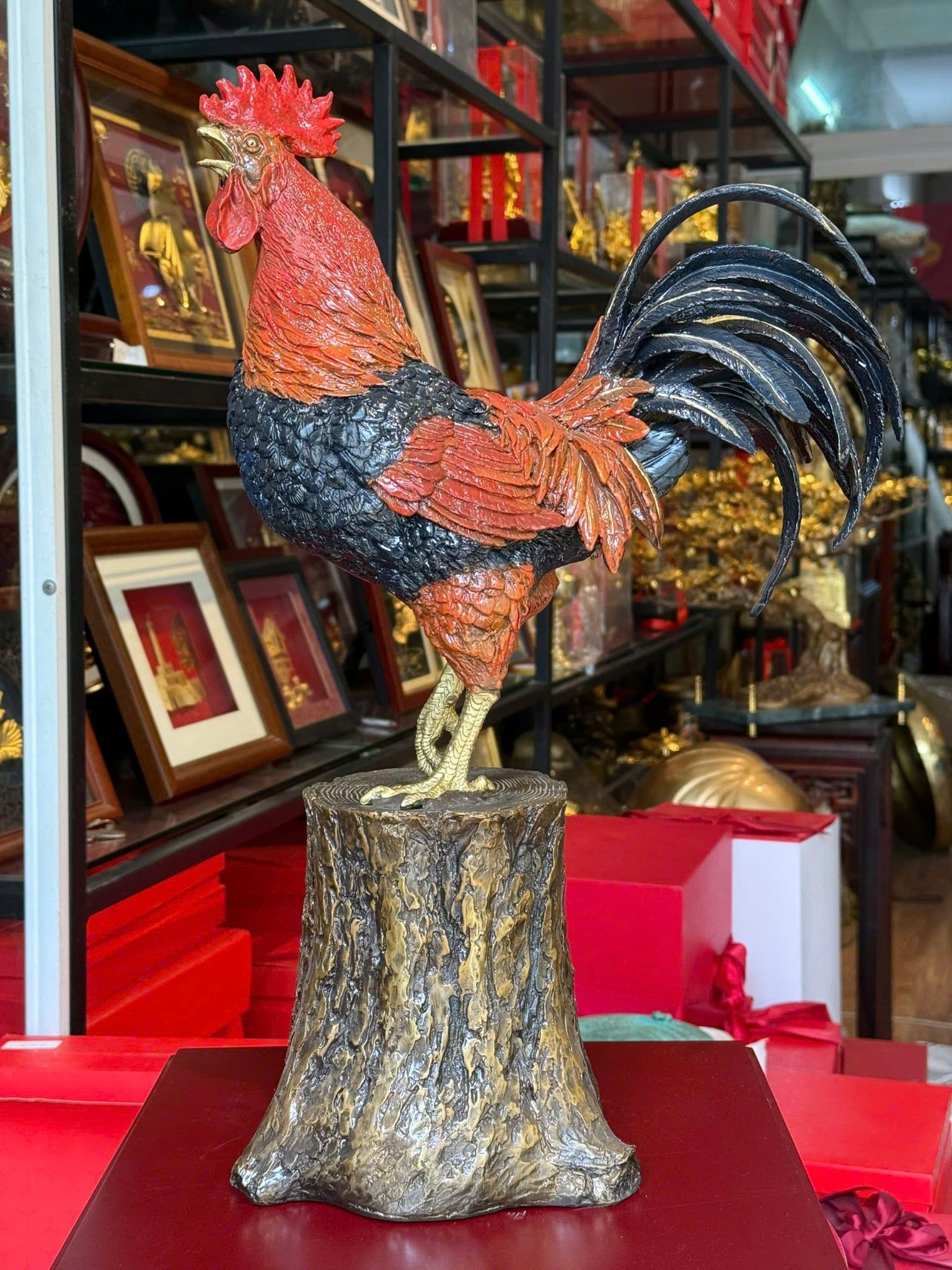 Tượng gà phong thủy bằng đồng vẽ màu cao cấp