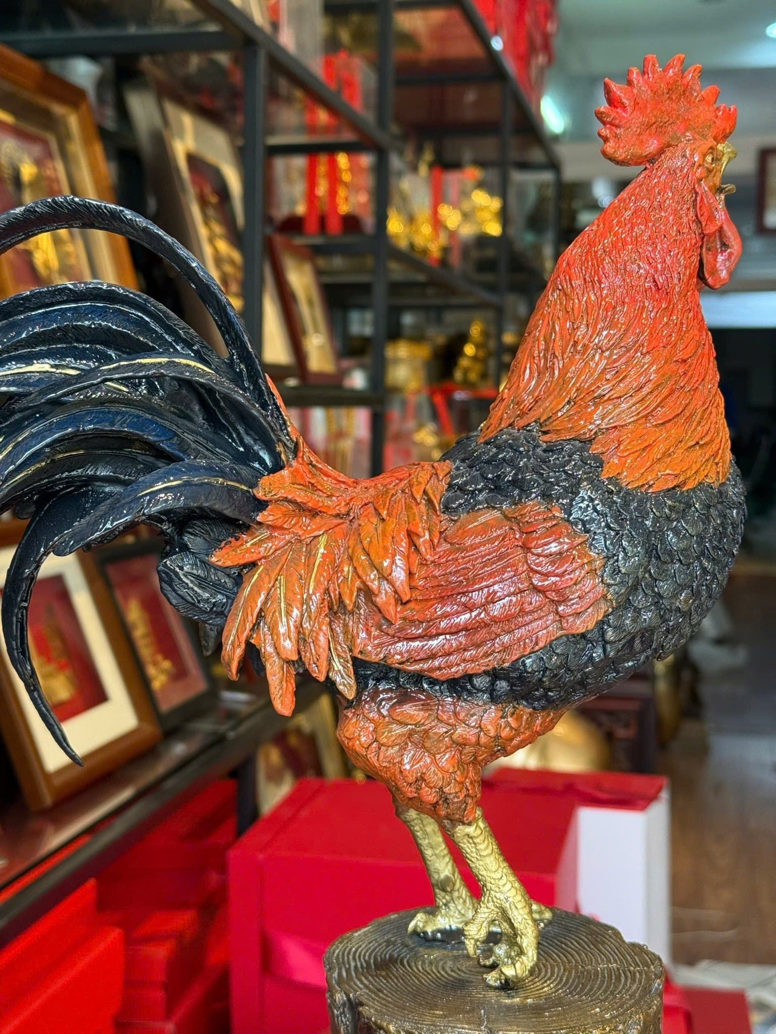 Tượng gà phong thủy bằng đồng vẽ màu cao cấp