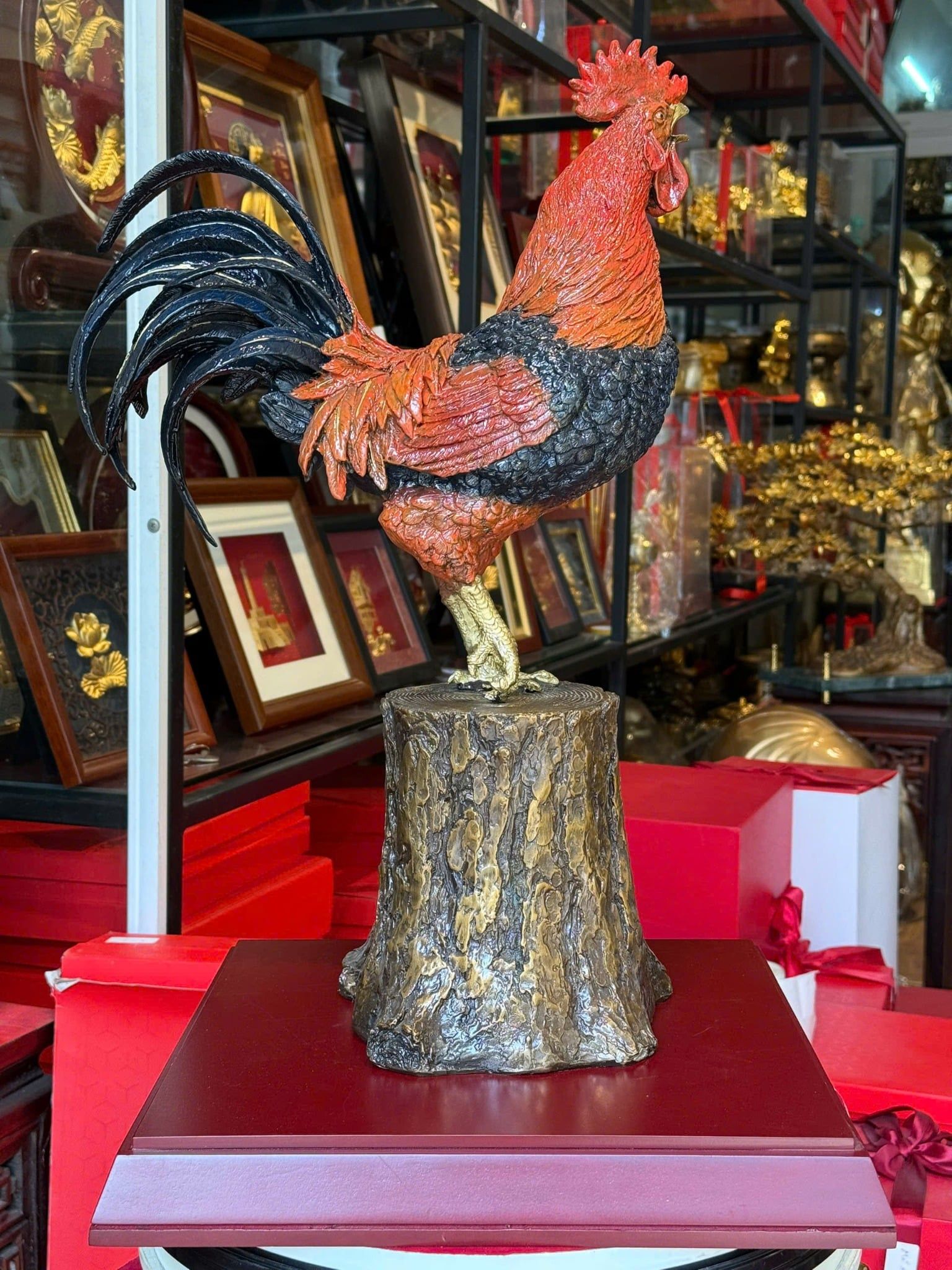 Tượng gà phong thủy bằng đồng vẽ màu cao cấp