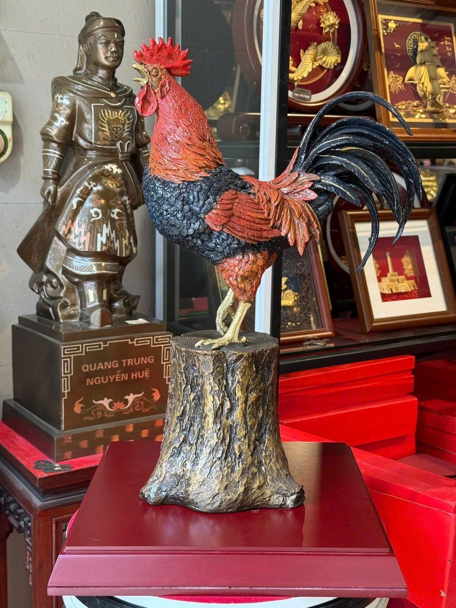 Tượng gà phong thủy bằng đồng vẽ màu cao cấp