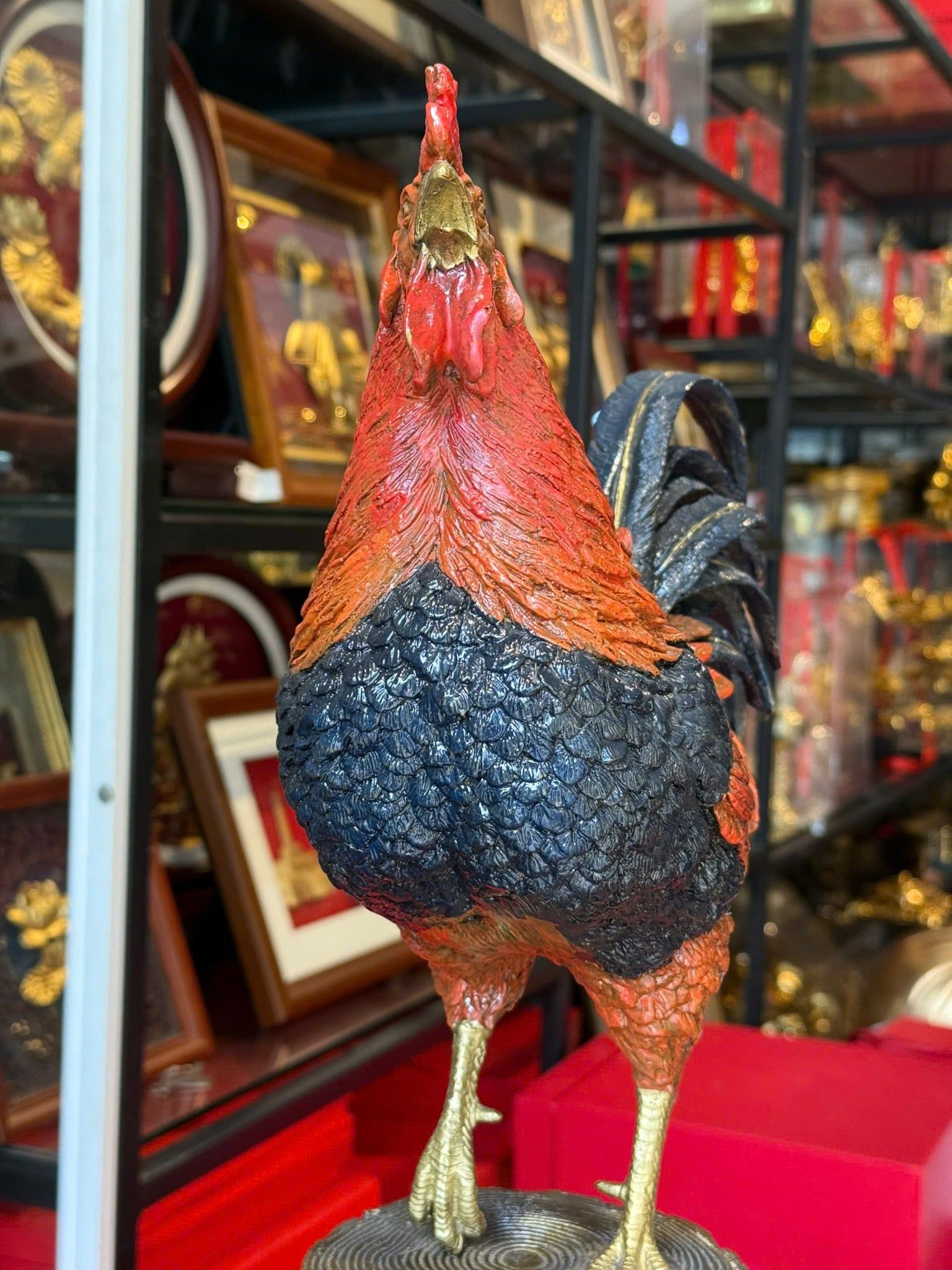 Tượng gà phong thủy bằng đồng vẽ màu cao cấp