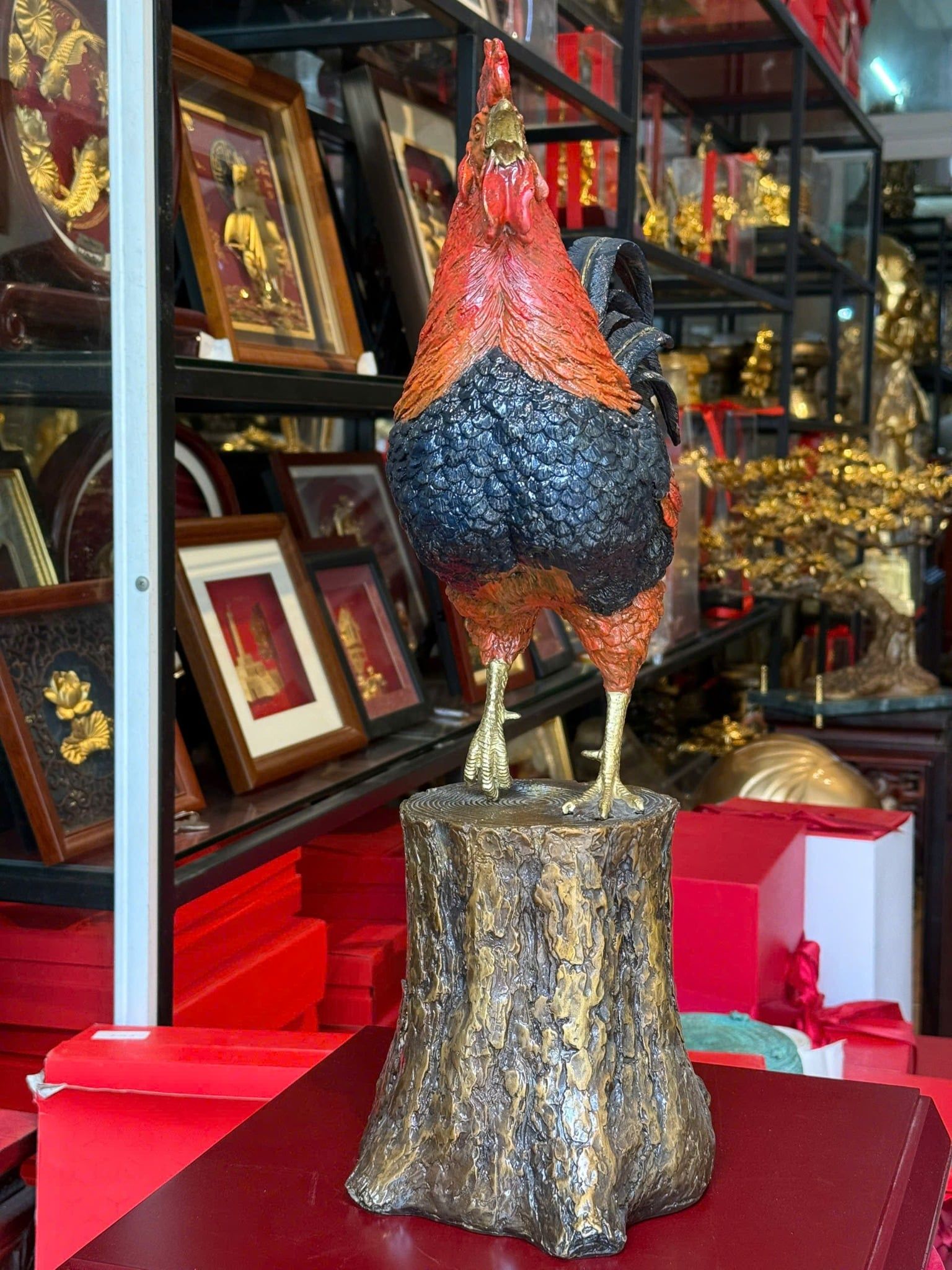 Tượng gà phong thủy bằng đồng vẽ màu cao cấp