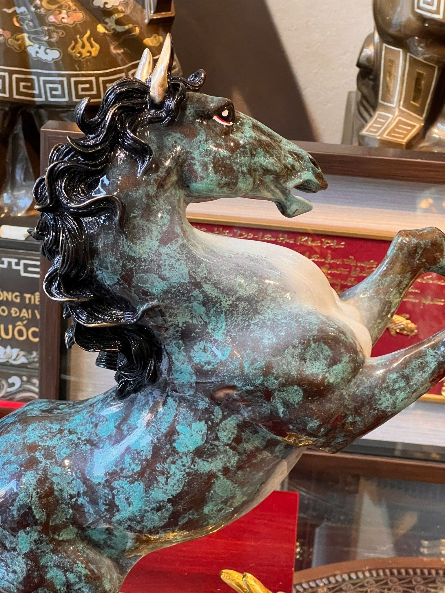 Tượng ngựa bằng đồng xanh khoáng Cao 43 ngang 49 rộng 15 nặng 7,3kg