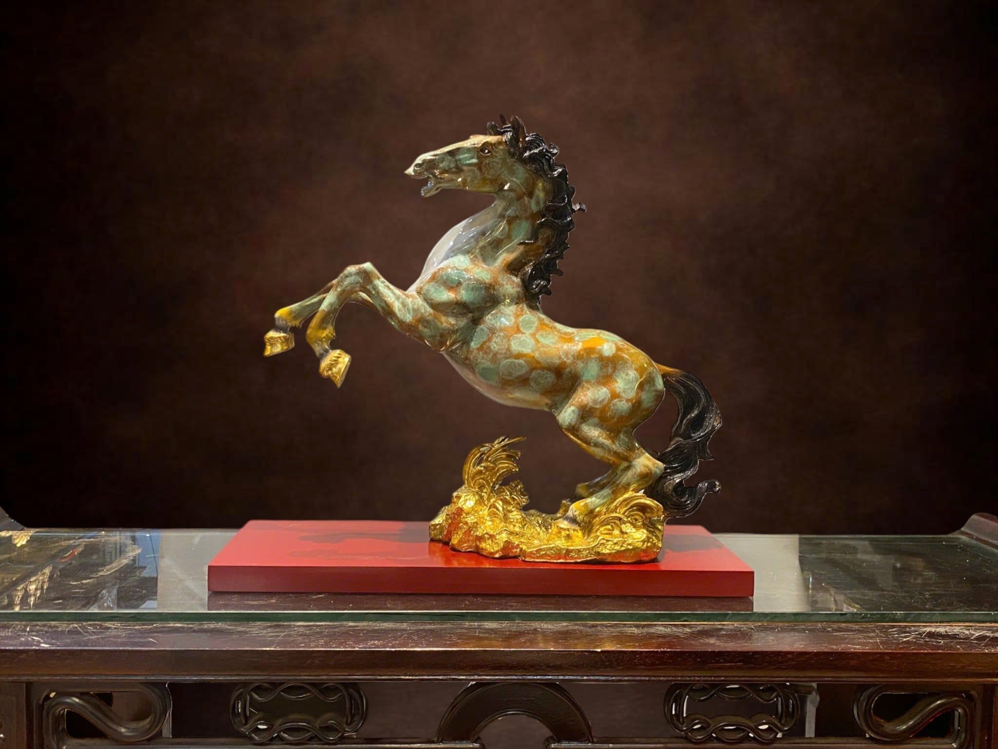 Tượng ngựa bằng đồng cao 45cm patina vân hỏa biến độc bản chỉ có tại Đồng Phong Thủy