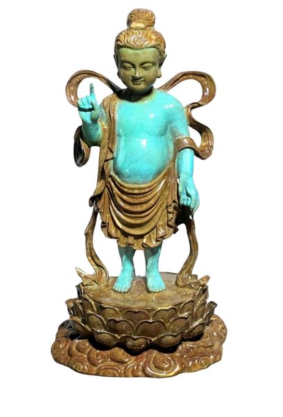 Tượng đản sanh Cao 40 nặng 5,5kg, patina màu thủ công vân hỏa biến độc bản