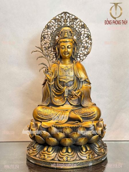 Tượng phật Quan Âm hào quang cao 45cm màu hun giả cổ