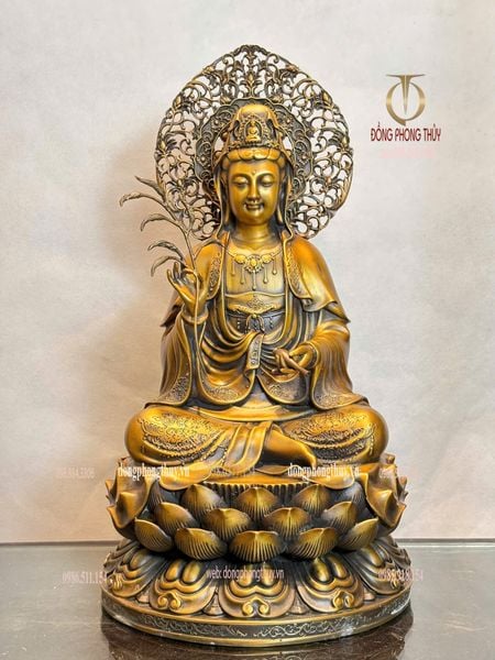 Tượng phật Quan Âm hào quang cao 45cm màu hun giả cổ