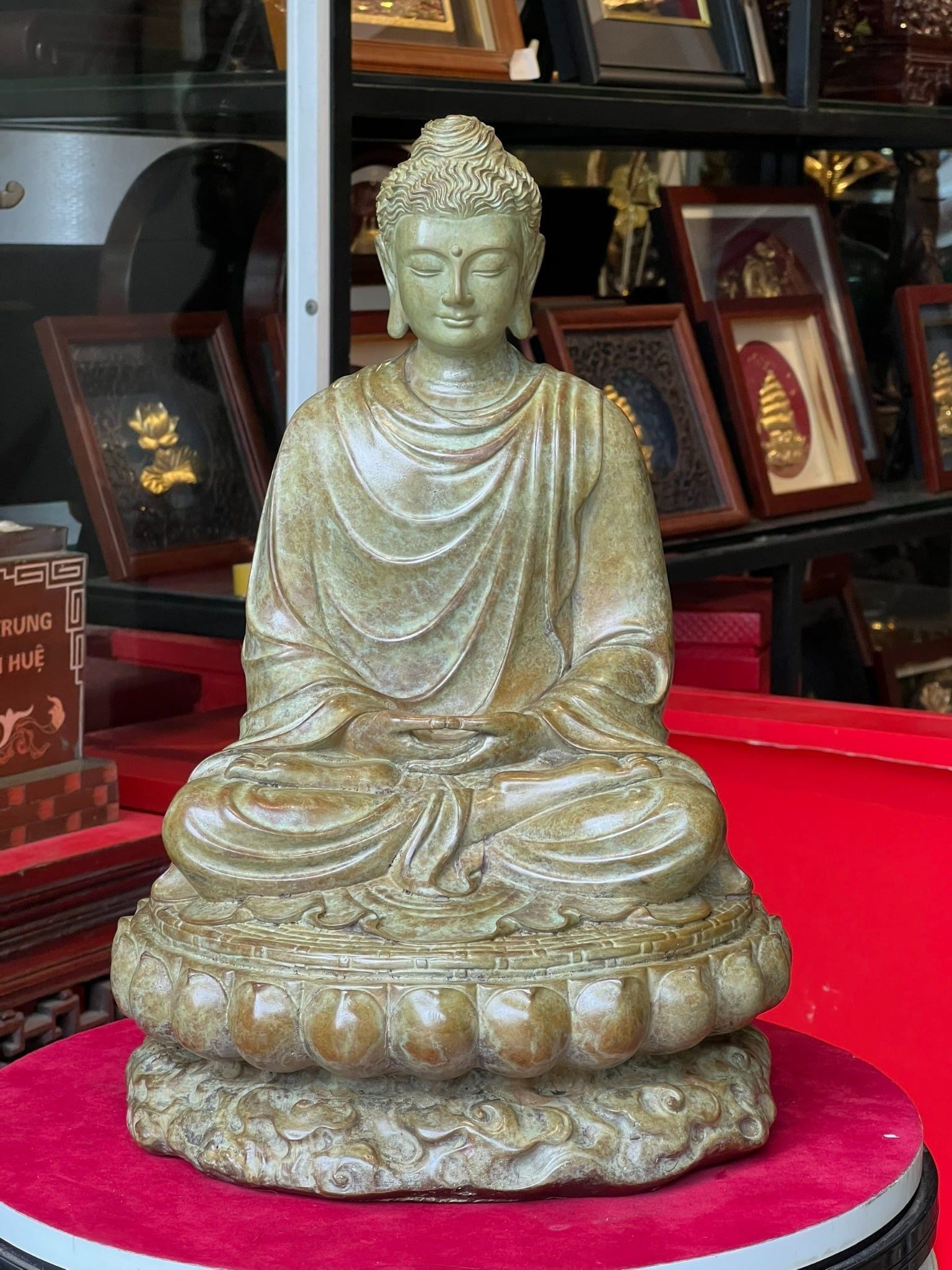 Tượng phật Thích Ca cao 35cm nặng 8,5kg bằng đồng Patina xanh rêu cổ loang vân hỏa biến