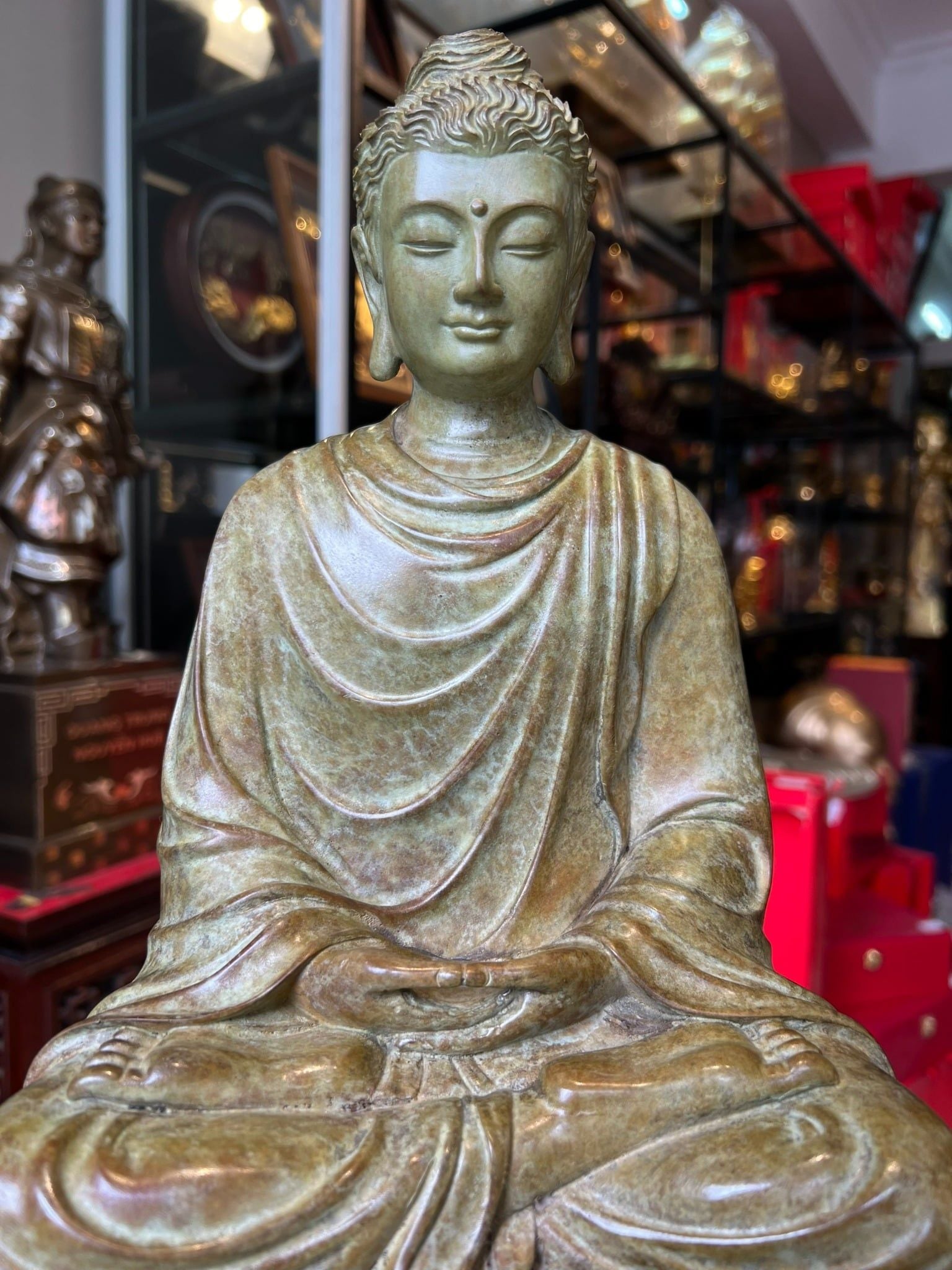 Tượng phật Thích Ca cao 35cm nặng 8,5kg bằng đồng Patina xanh rêu cổ loang vân hỏa biến