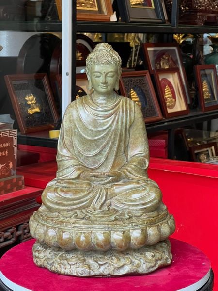 Tượng phật Thích Ca cao 35cm nặng 8,5kg bằng đồng Patina xanh rêu cổ loang vân hỏa biến