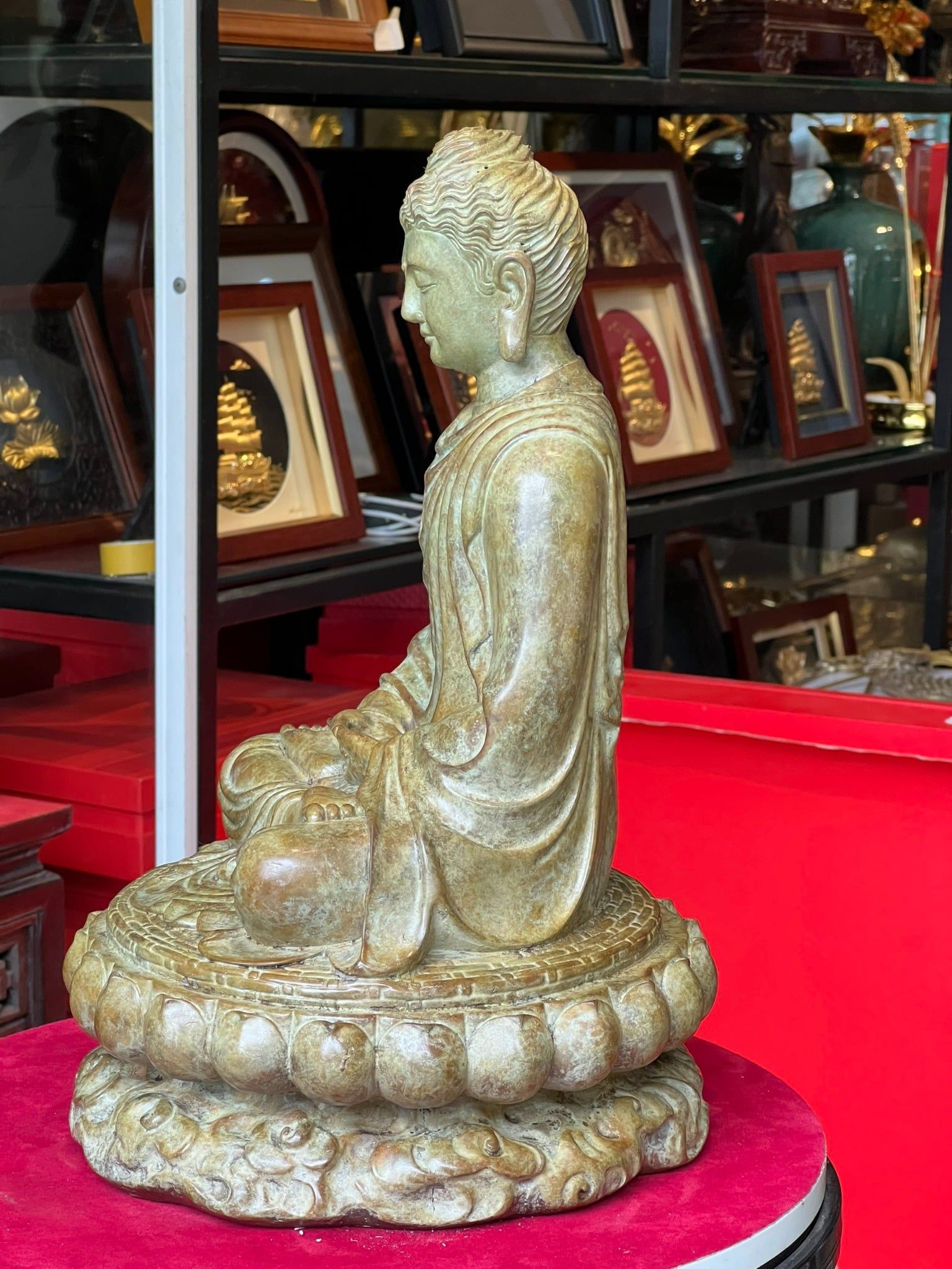 Tượng phật Thích Ca cao 35cm nặng 8,5kg bằng đồng Patina xanh rêu cổ loang vân hỏa biến