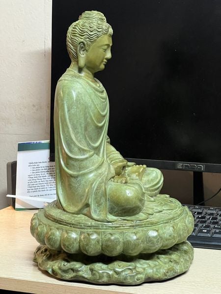 Tượng phật thích ca bằng đồng patina xanh ngọc lục bích vân hỏa biến độc bản cao 35 ngang 23 nặng 8,5kg