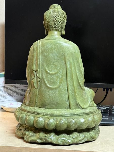 Tượng phật thích ca bằng đồng patina xanh ngọc lục bích vân hỏa biến độc bản cao 35 ngang 23 nặng 8,5kg