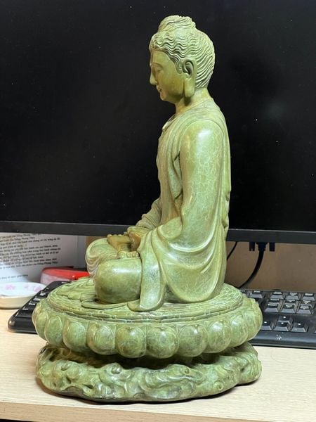 Tượng phật thích ca bằng đồng patina xanh ngọc lục bích vân hỏa biến độc bản cao 35 ngang 23 nặng 8,5kg