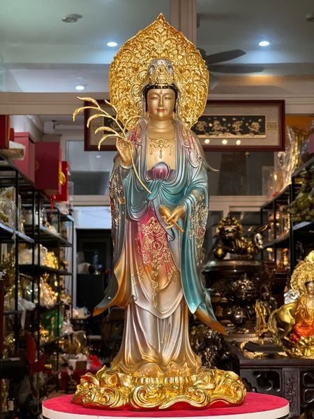Tượng phật quan âm đứng cao 49cm tới đầu, 58cm tới hào quang