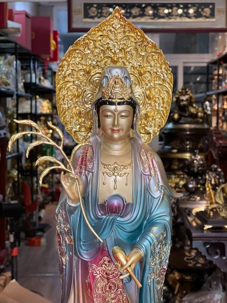 Tượng phật quan âm đứng cao 49cm tới đầu, 58cm tới hào quang