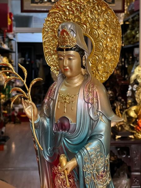 Tượng phật quan âm đứng cao 49cm tới đầu, 58cm tới hào quang