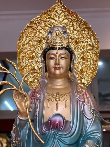 Tượng phật quan âm đứng cao 49cm tới đầu, 58cm tới hào quang
