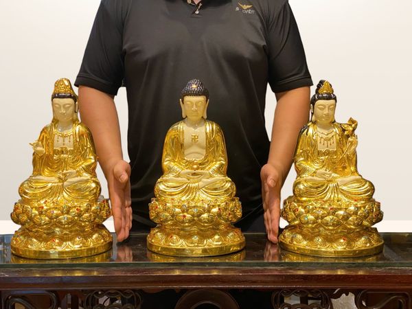 Tượng tây Phương Tam Thánh 40cm bằng đồng dát vàng