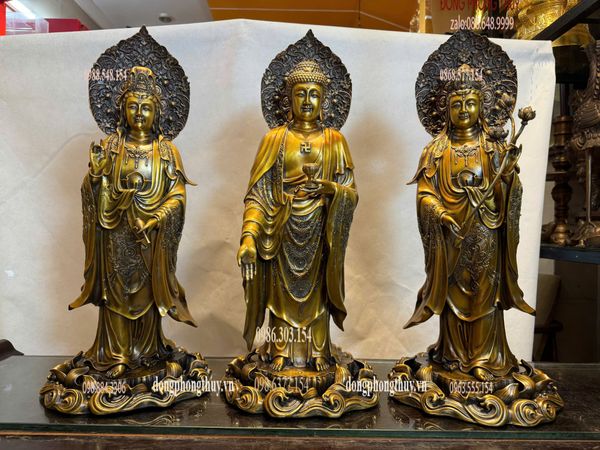 Tượng phật Tây Phương Tam Thánh bằng đồng cao 58cm