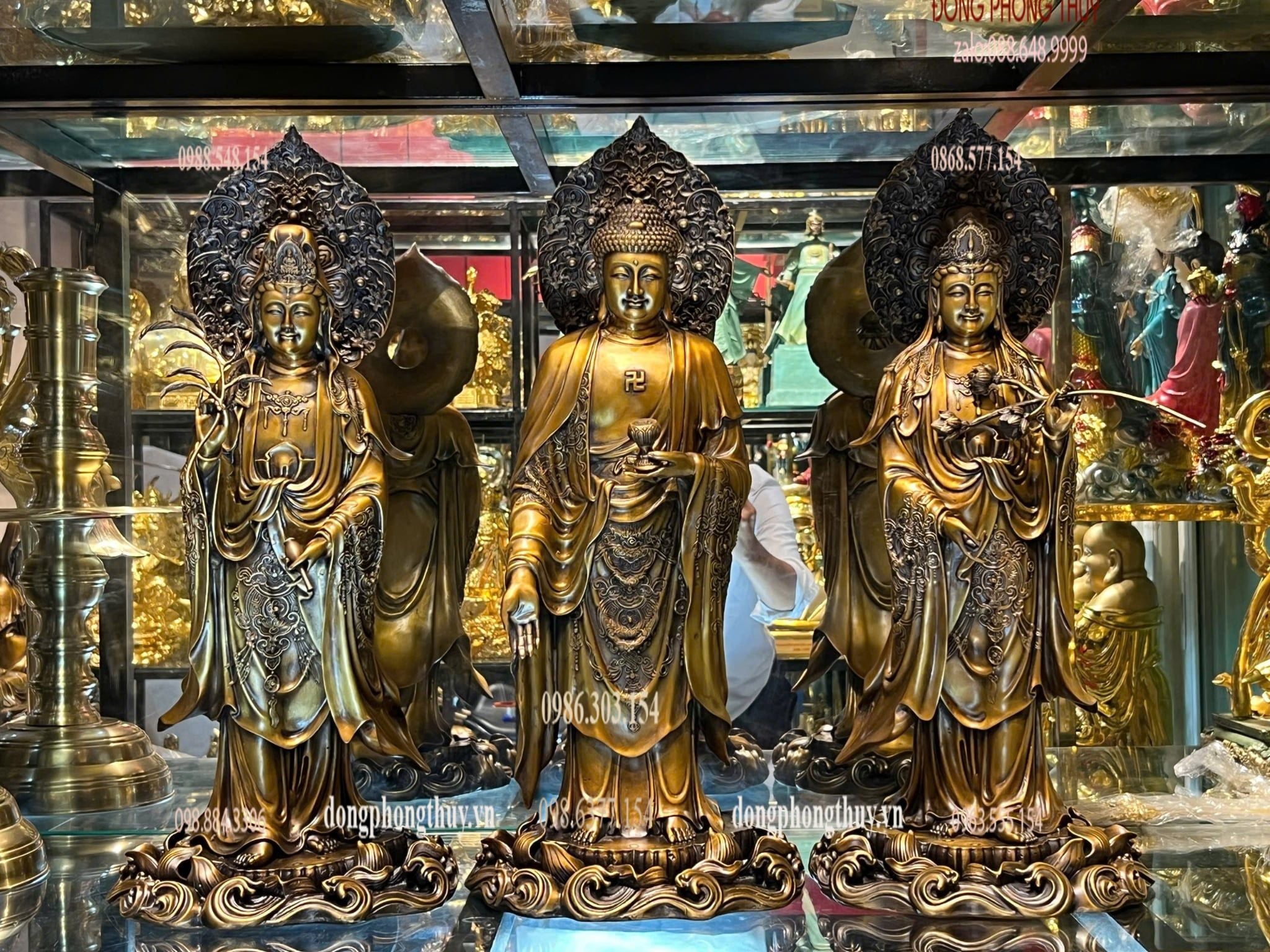 Tượng phật Tây Phương Tam Thánh cao 58cm bằng đồng