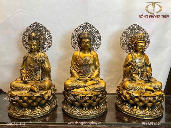 Tượng tây phương tam thánh bằng đồng cao 45cm màu hun nâu