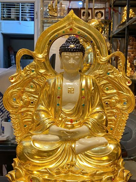 Tượng tây Phương Tam Thánh cao 43cm nặng 38kg dát vàng 24k, vẽ màu