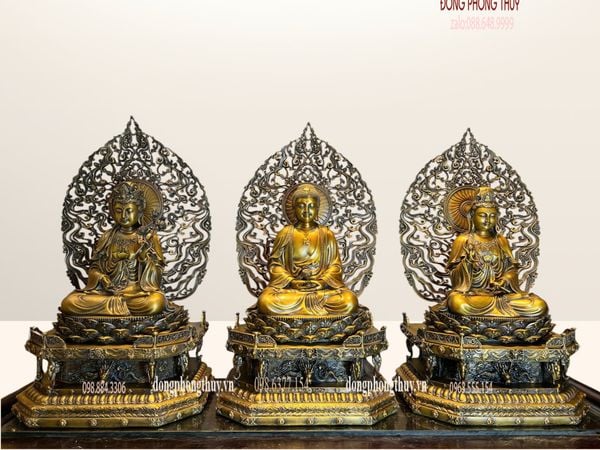Tượng Tây Phương Tam Thánh ngồi bằng đồng cao 62cm