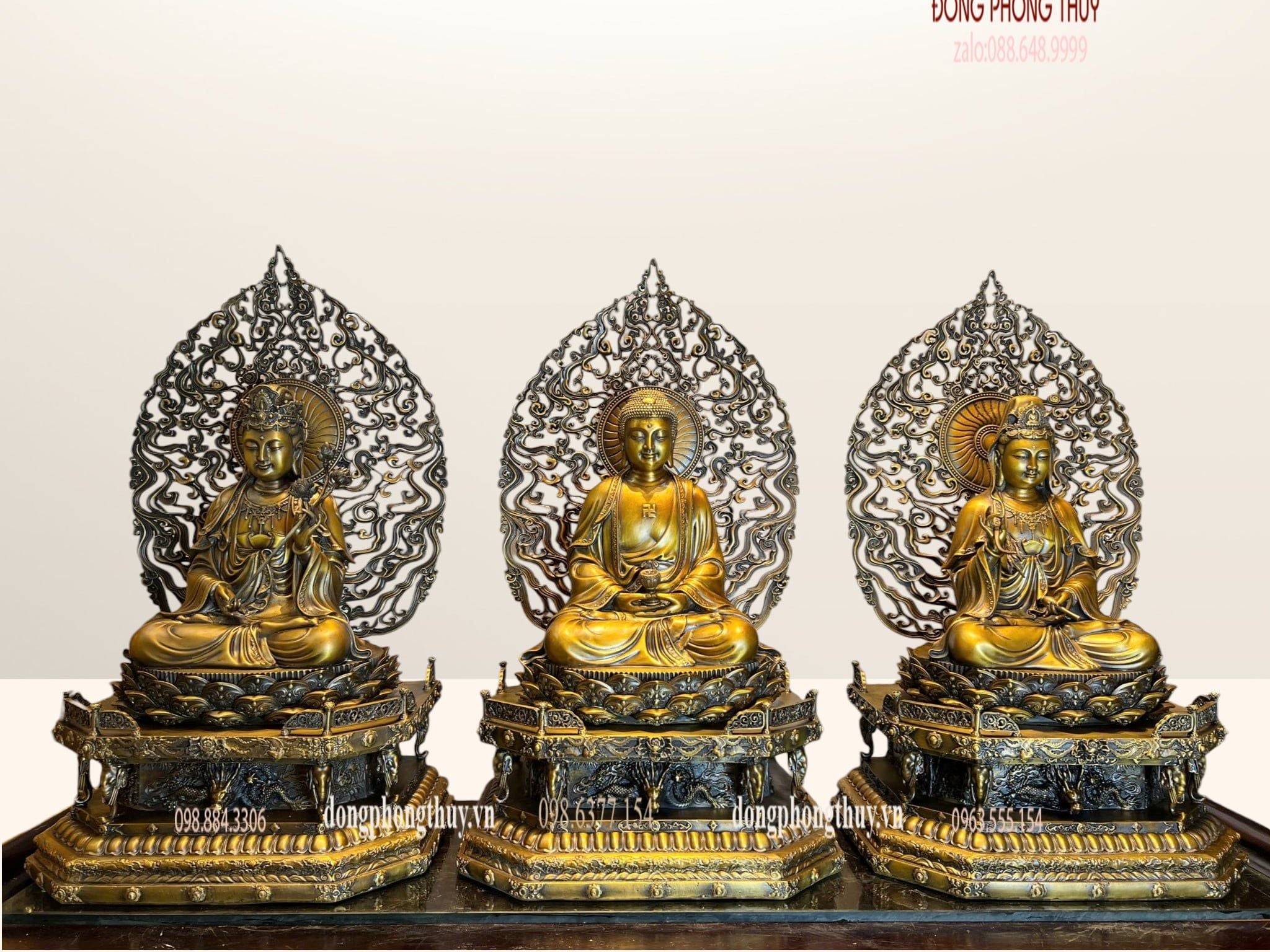 Tượng Tây Phương Tam Thánh ngồi bằng đồng cao 62cm