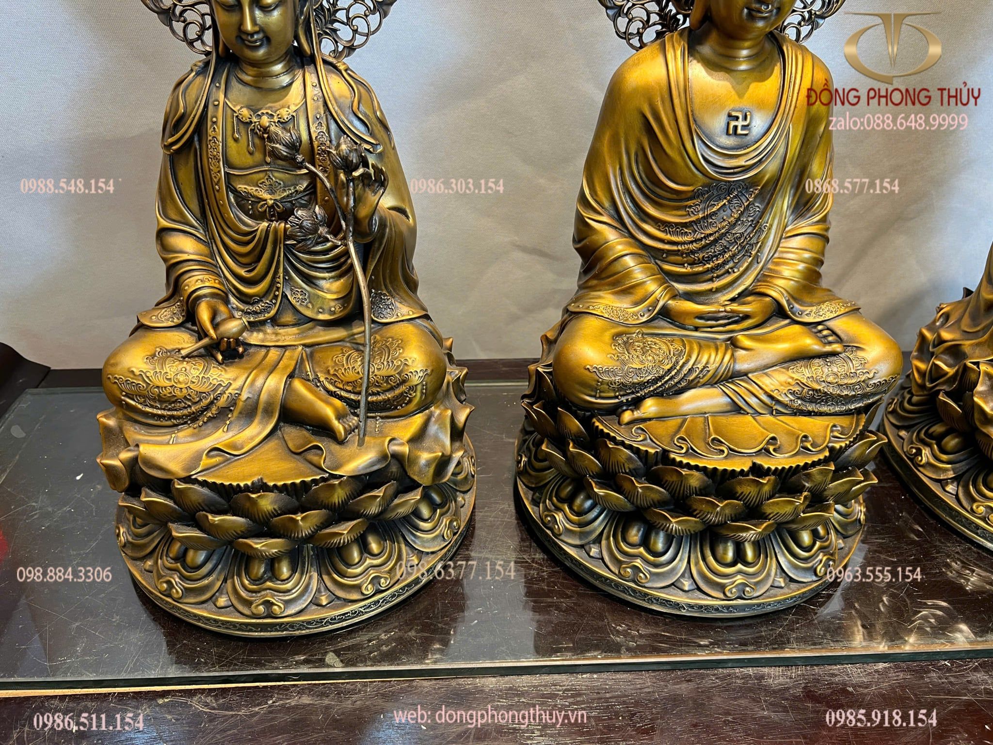 Tượng tây phương tam thánh bằng đồng cao 45cm màu hun nâu