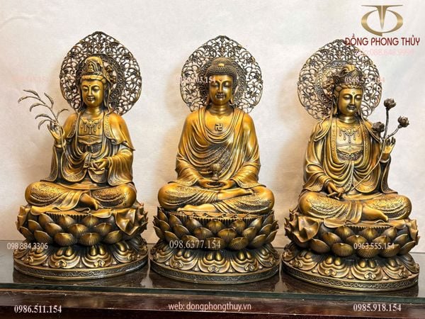 Tượng tây phương tam thánh bằng đồng cao 45cm màu hun nâu