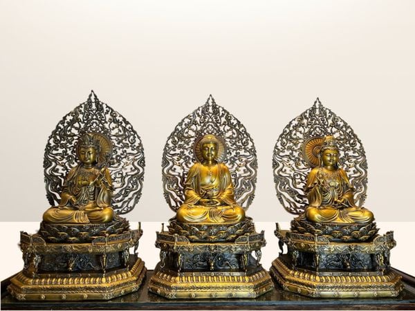 Tượng Tây Phương Tam Thánh ngồi bằng đồng cao 62cm