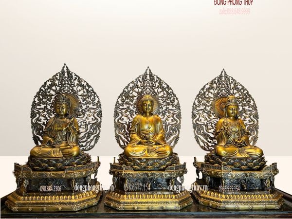 Tượng Tây Phương Tam Thánh ngồi bằng đồng cao 62cm