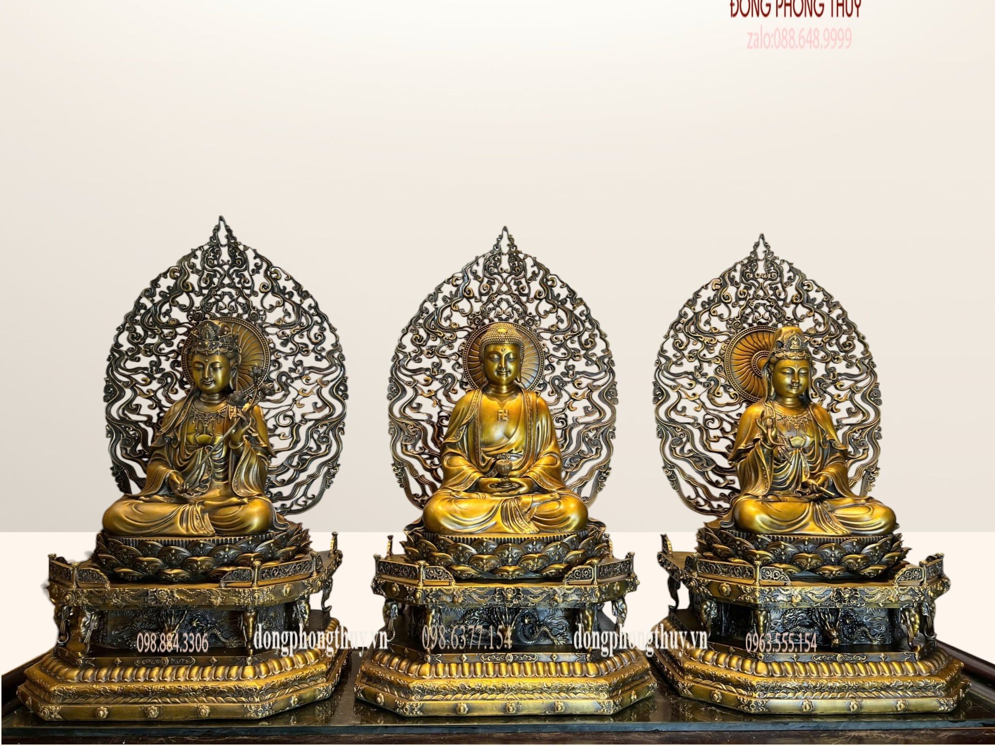 Tượng Tây Phương Tam Thánh ngồi bằng đồng cao 62cm