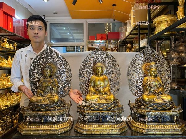 Tượng phật Tây Phương Tam Thánh bằng đồng cao 62cm