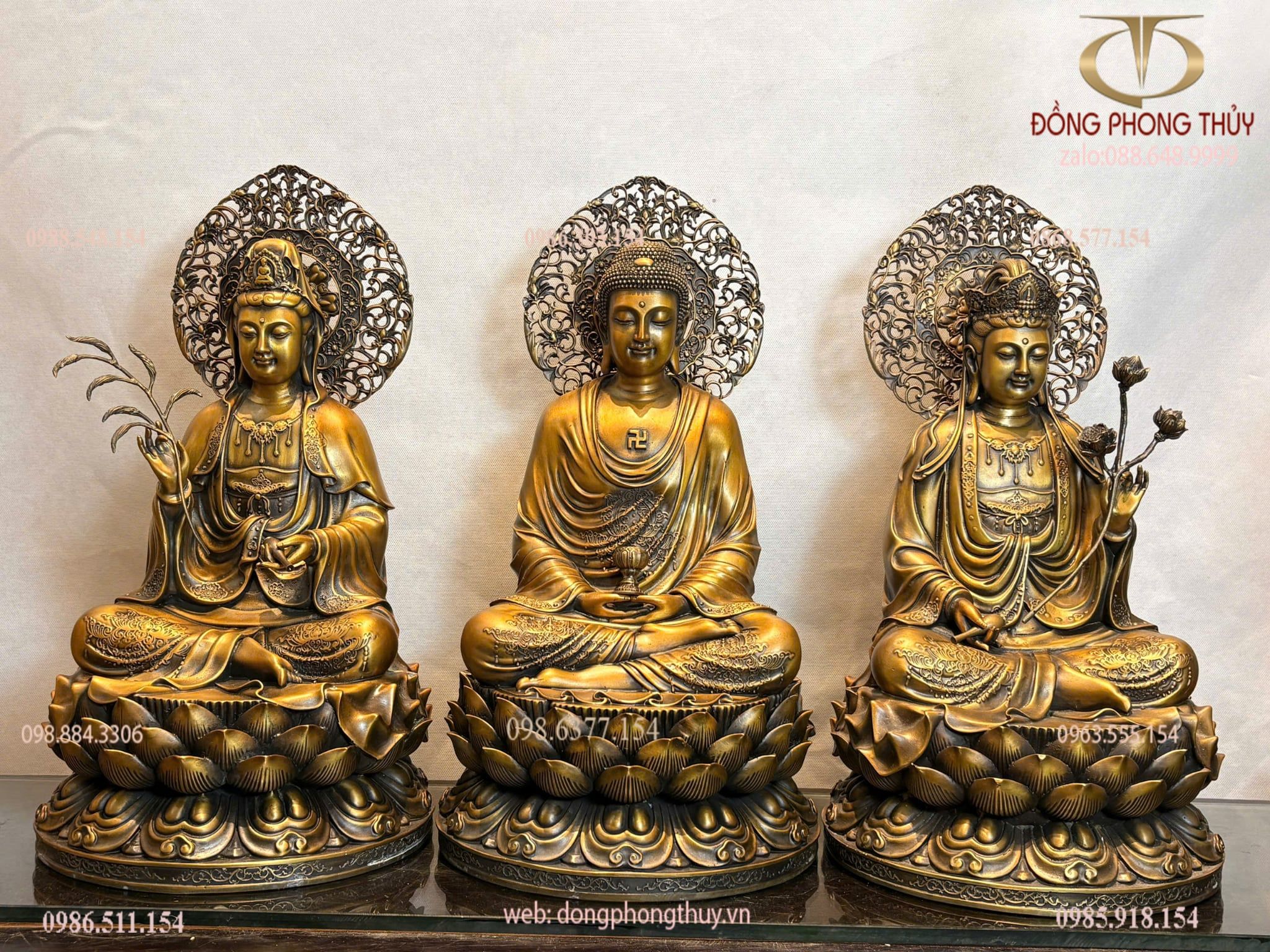 Tượng tây phương tam thánh bằng đồng cao 45cm màu hun nâu