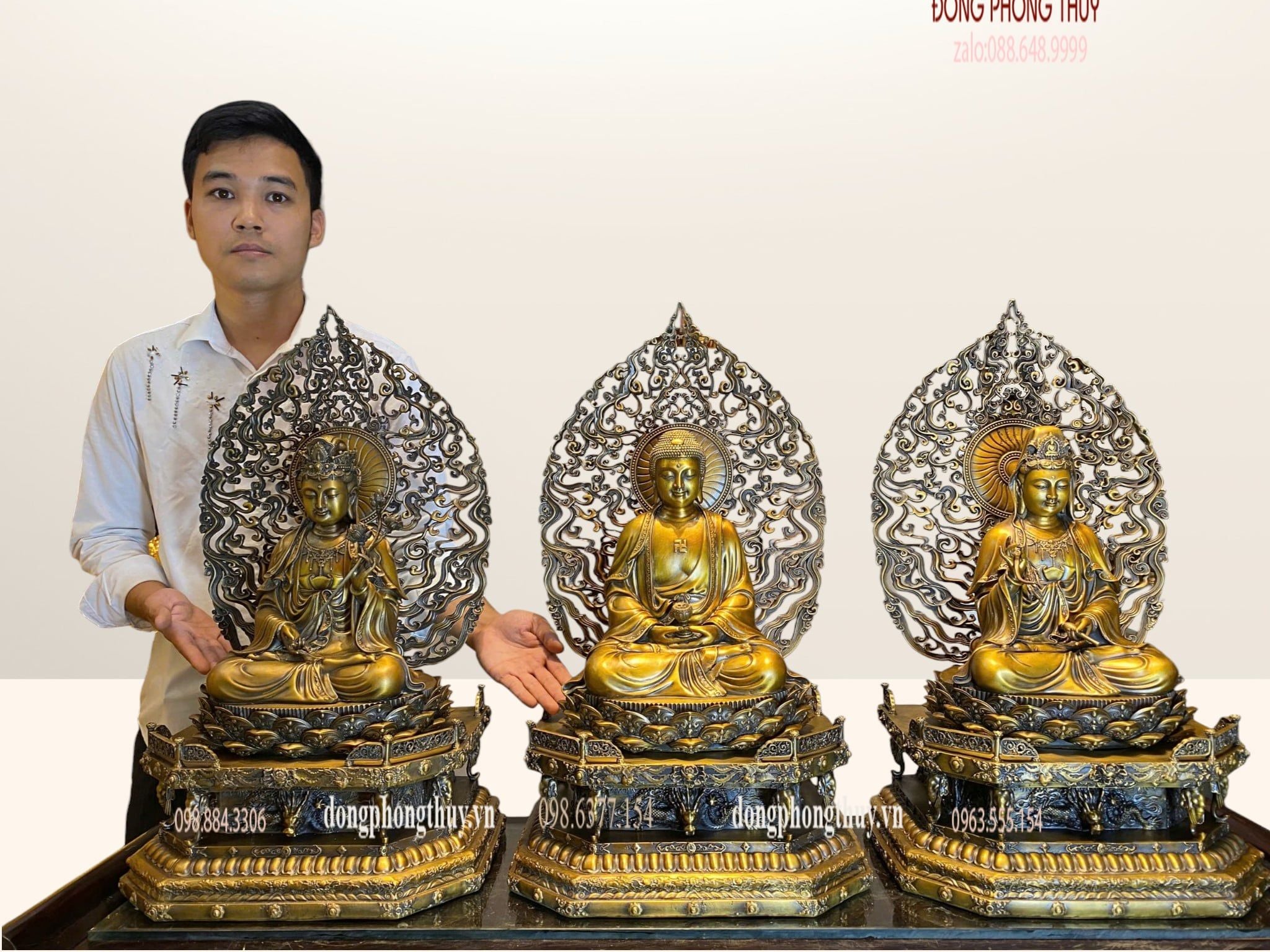 Tượng Tây Phương Tam Thánh ngồi bằng đồng cao 62cm
