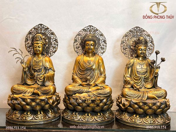 Tượng tây phương tam thánh bằng đồng cao 45cm màu hun nâu