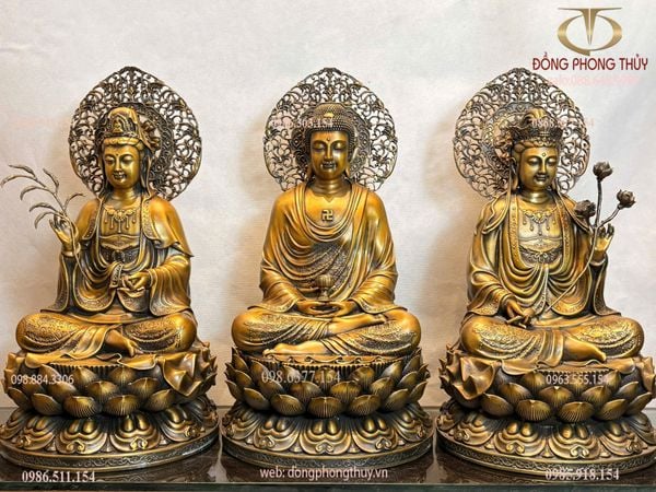 Tượng tây phương tam thánh bằng đồng cao 45cm màu hun nâu