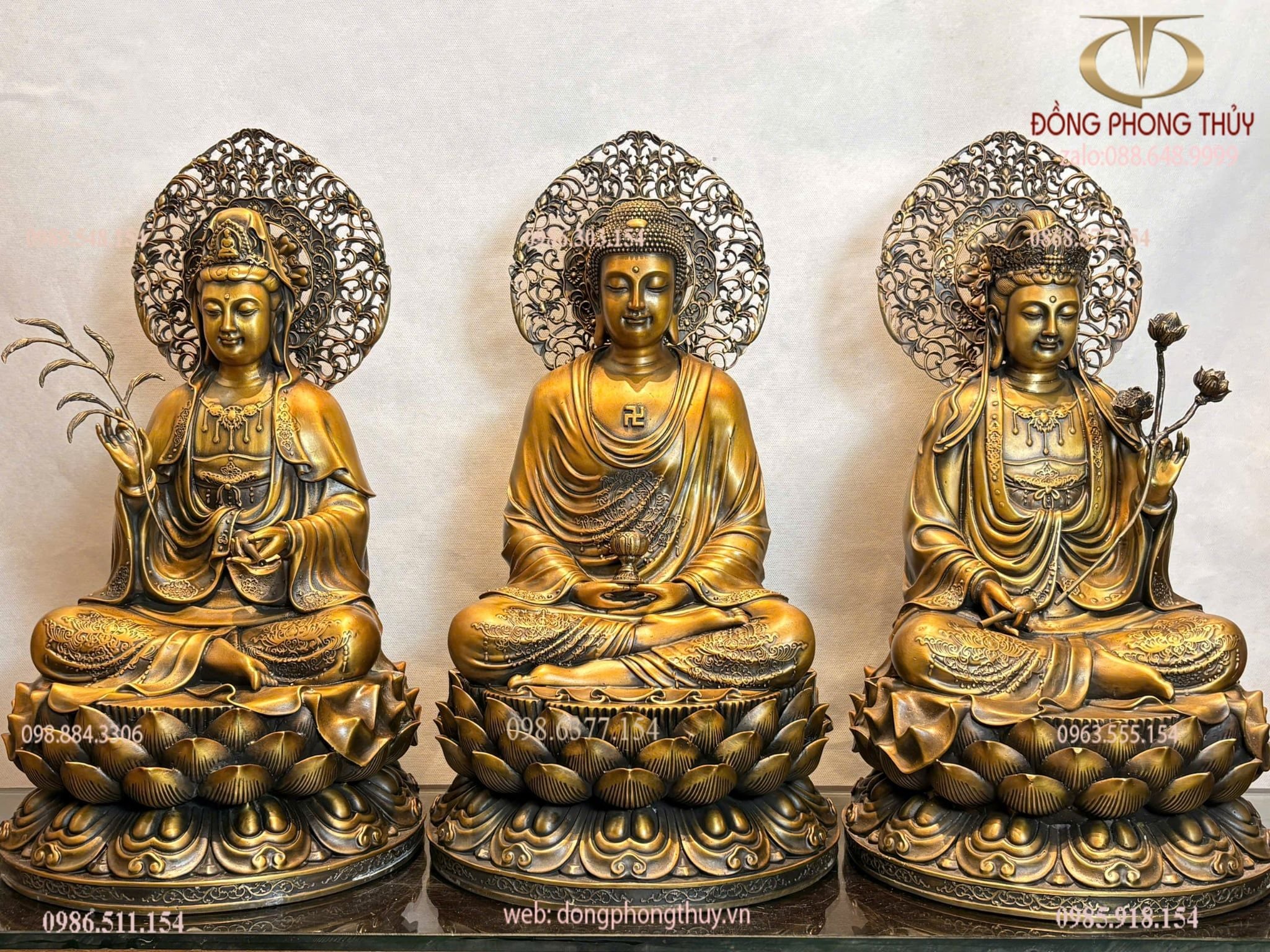 Tượng tây phương tam thánh bằng đồng cao 45cm màu hun nâu