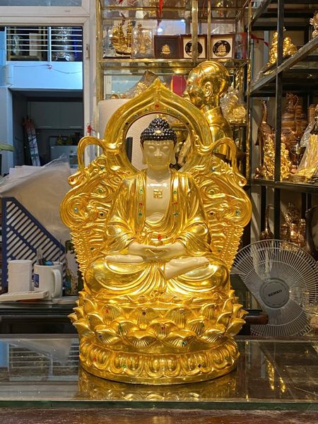 Tượng tây Phương Tam Thánh cao 43cm nặng 38kg dát vàng 24k, vẽ màu