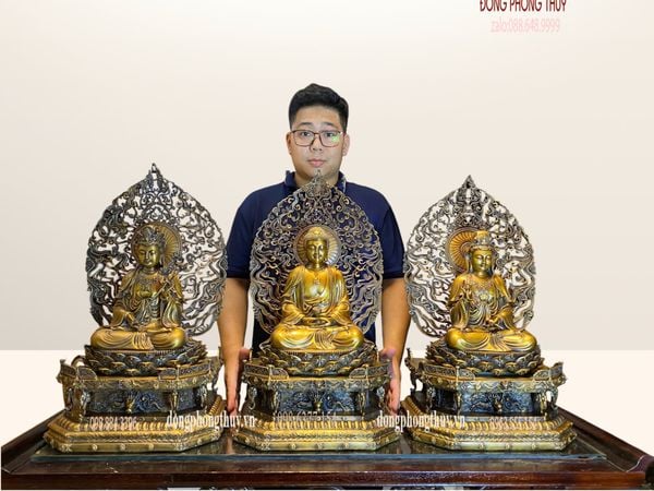 Tượng Tây Phương Tam Thánh ngồi bằng đồng cao 62cm