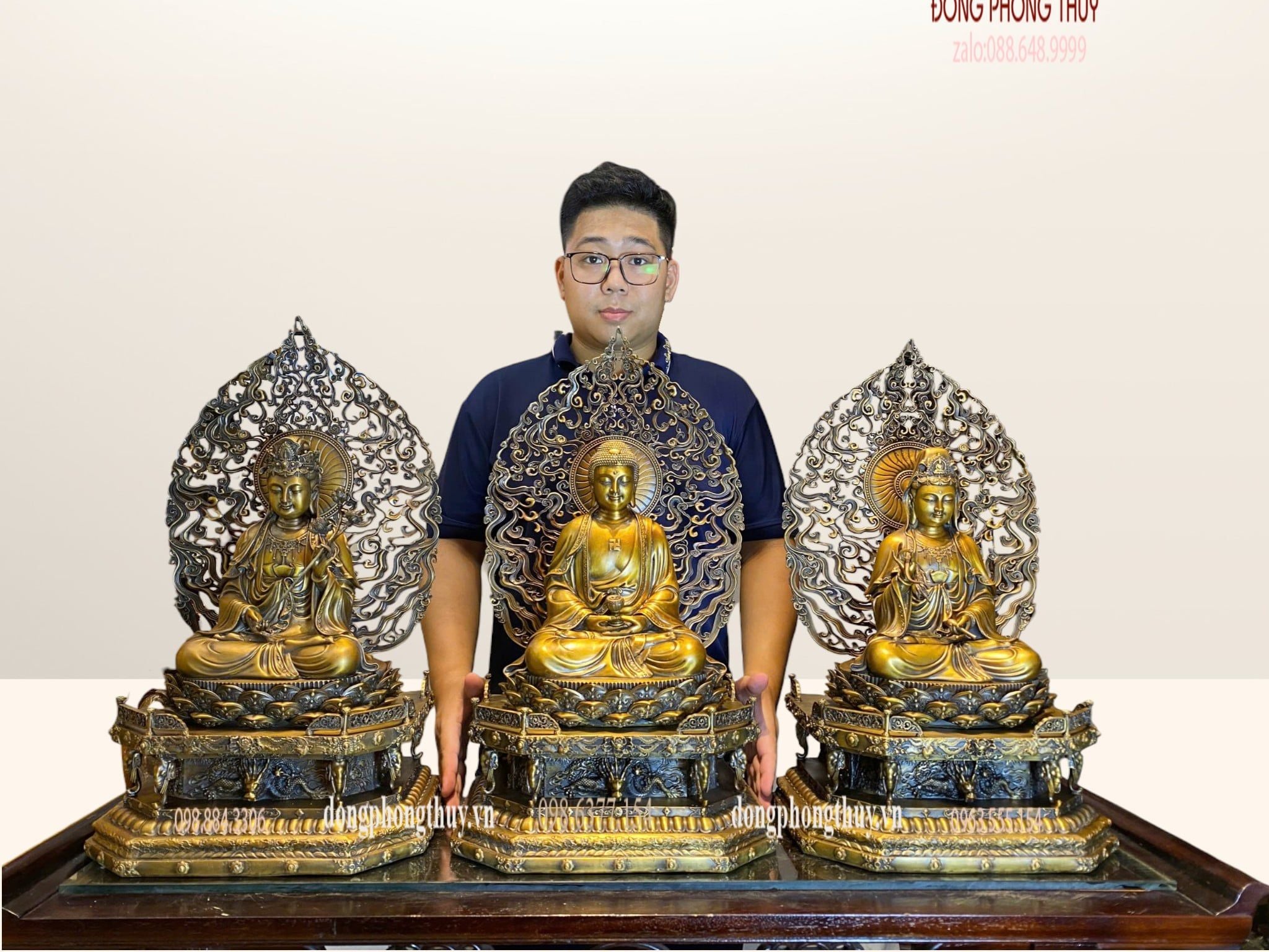 Tượng Tây Phương Tam Thánh ngồi bằng đồng cao 62cm
