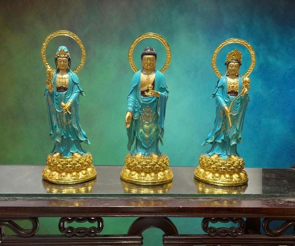 Tượng tây Phương Tam Thánh bằng đồng xanh Cao đến lá đề 45 nặng 15,5kg