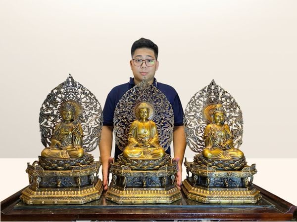 Tượng Tây Phương Tam Thánh ngồi bằng đồng cao 62cm