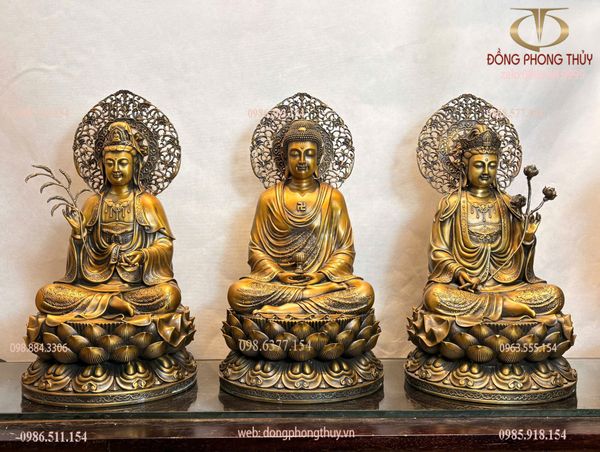 Tượng tây phương tam thánh bằng đồng cao 45cm màu hun nâu