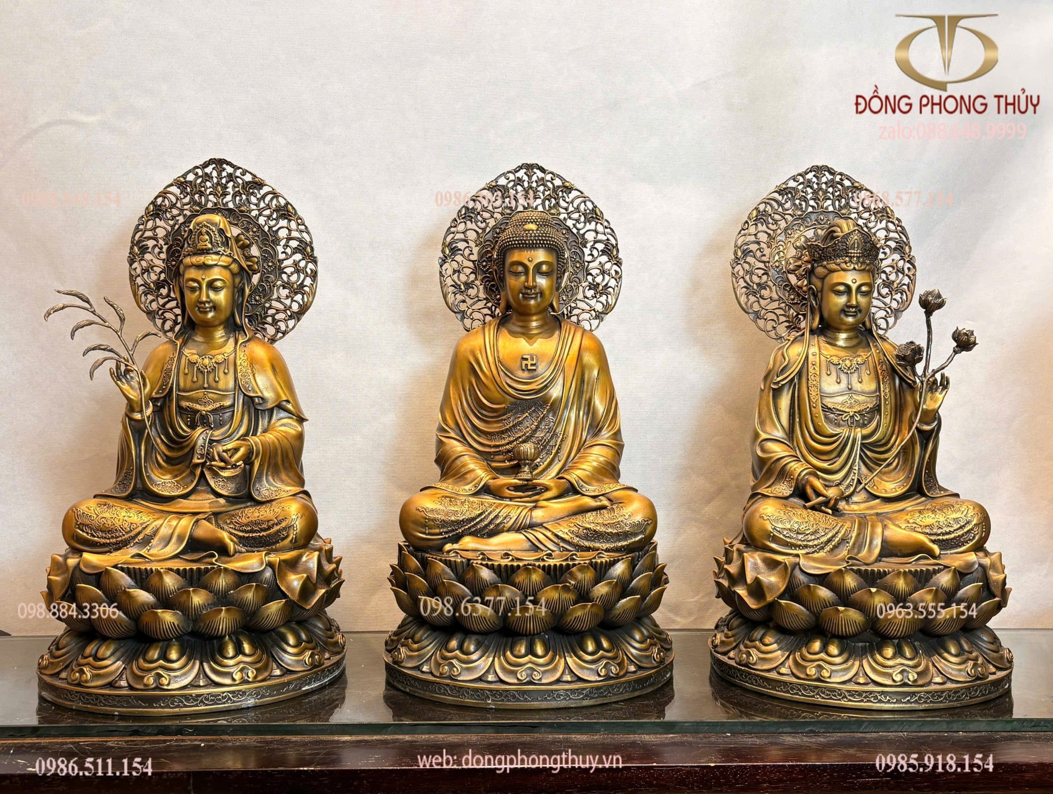 Tượng tây phương tam thánh bằng đồng cao 45cm màu hun nâu