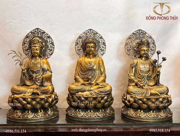 Tượng tây phương tam thánh bằng đồng cao 45cm màu hun nâu