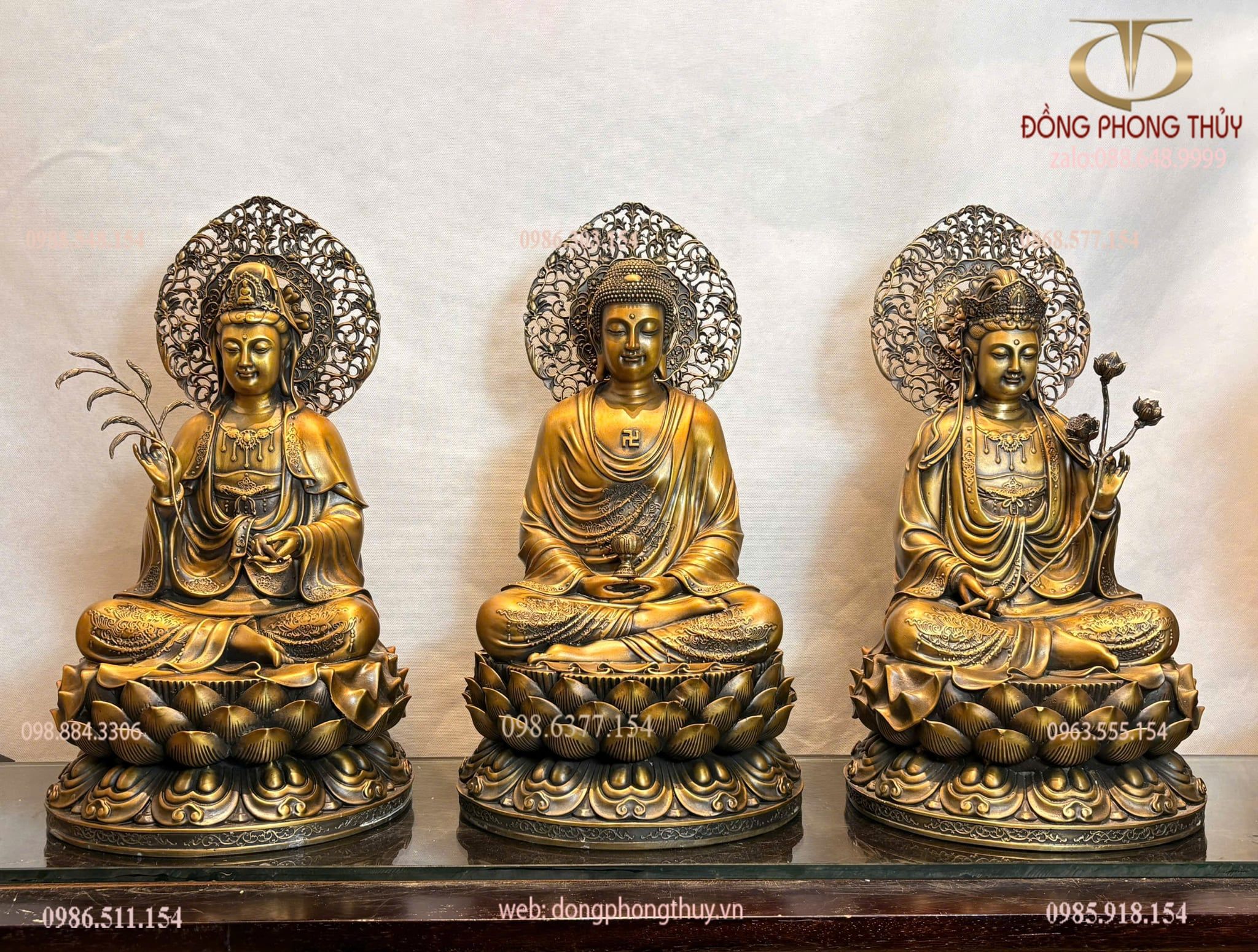 Tượng tây phương tam thánh bằng đồng cao 45cm màu hun nâu