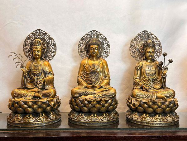 Tượng tây phương tam thánh bằng đồng cao 45cm màu hun nâu